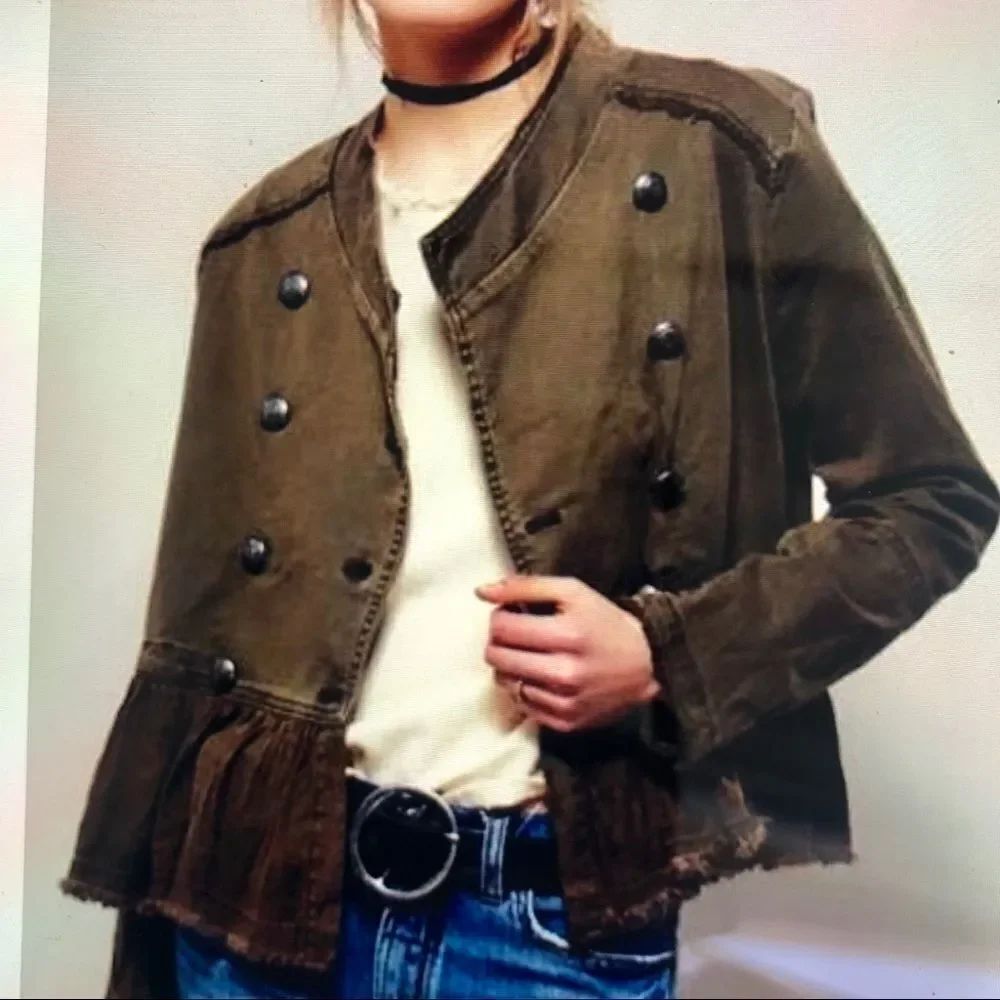 Free people green flared hem military jacket S